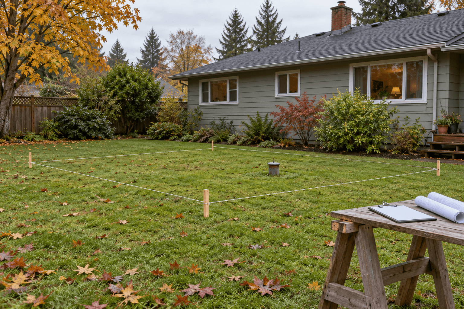 String lines marking a planned addition across a backyard lawn, with a capped old fill pipe and rolled site drawings on a sawhorse.