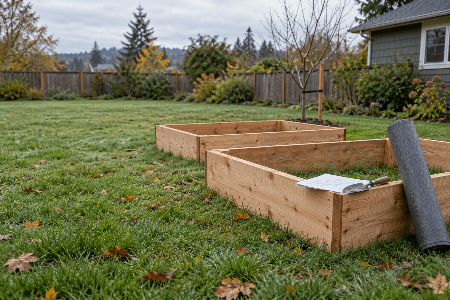 Two empty wooden raised bed frames on a damp fall lawn, with a folded site sketch and a trowel on one frame, a roll of landscape fabric leaning against it and a staked young tree behind.