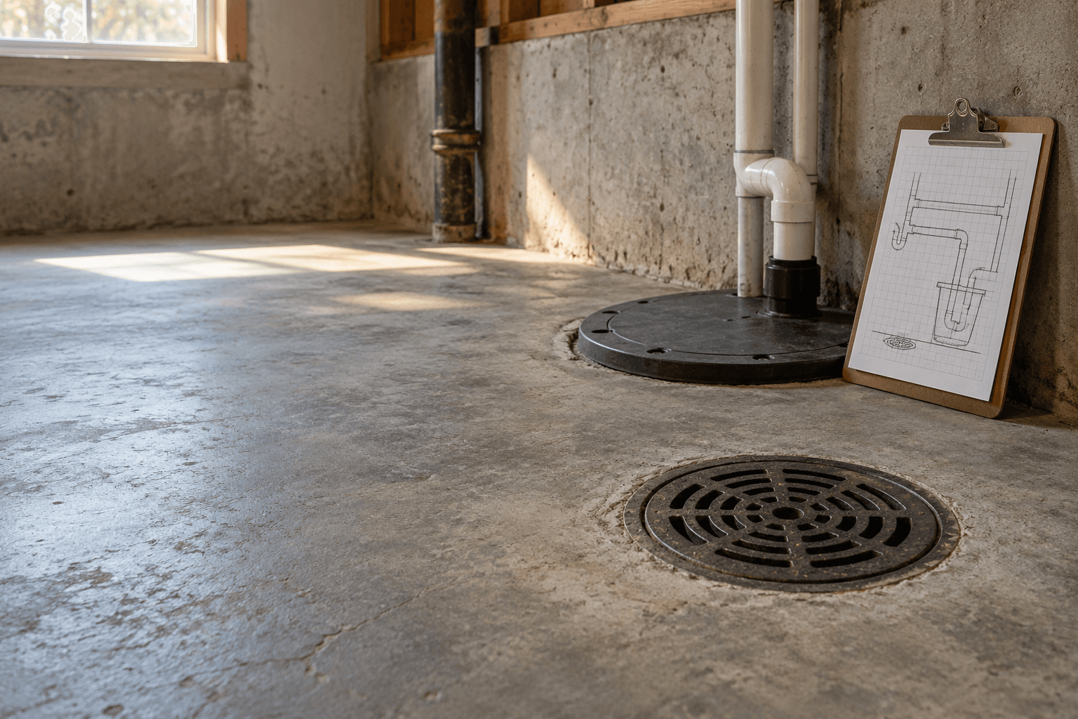 A round cast-iron floor drain grate in a concrete basement floor, with a sump pit lid and white discharge pipe behind it and a clipboard holding a hand-drawn pipe sketch leaning against the wall.