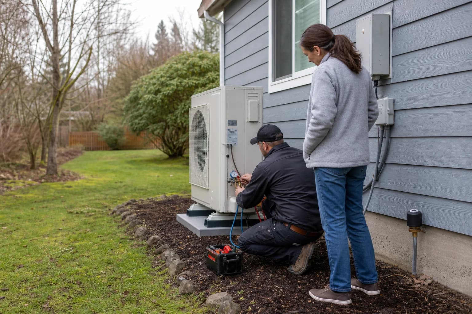 HVAC technician commissioning a heat pump after a Salem heating oil conversion