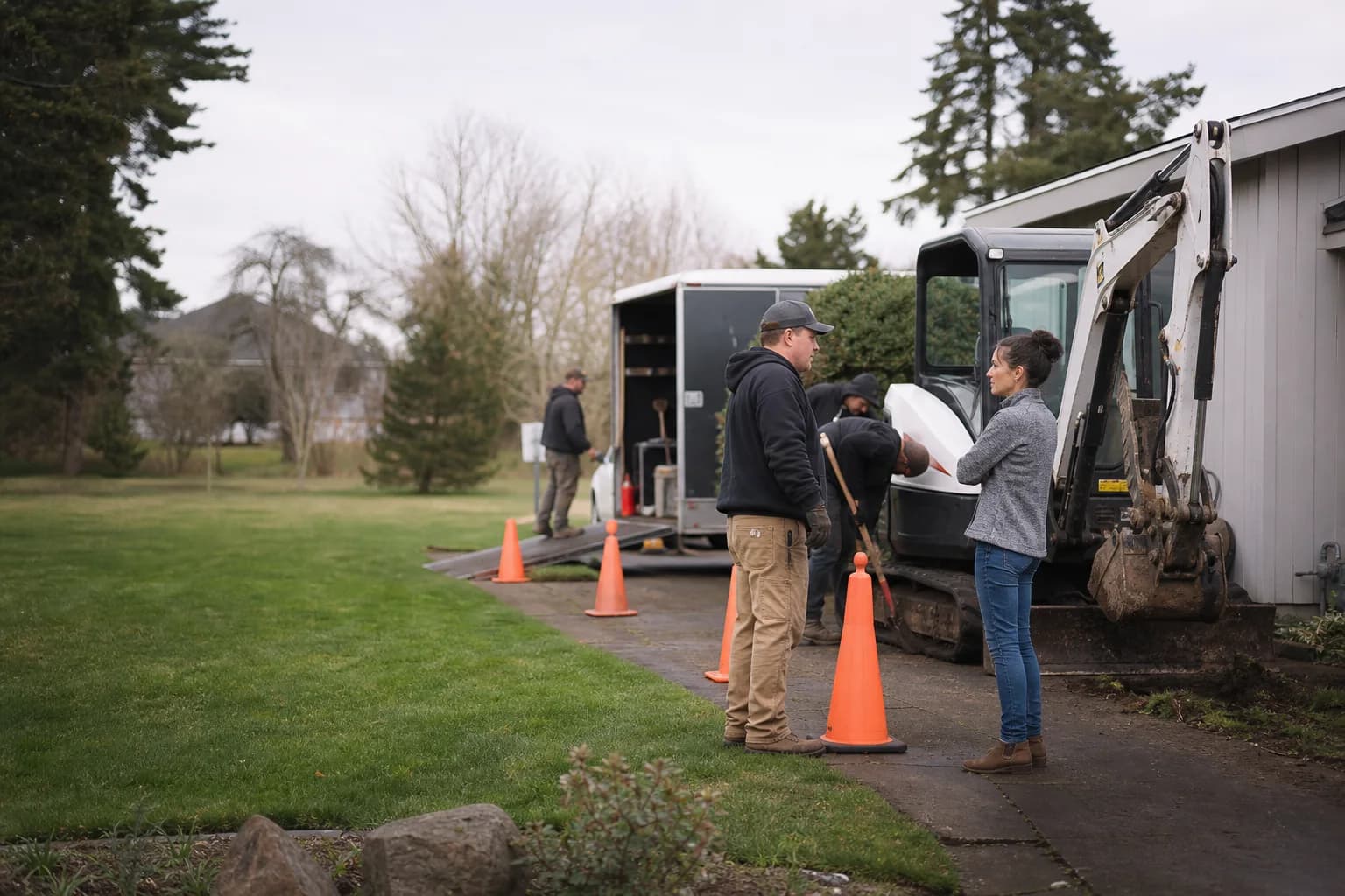 Oil tank removal crew setting up equipment at a Salem home