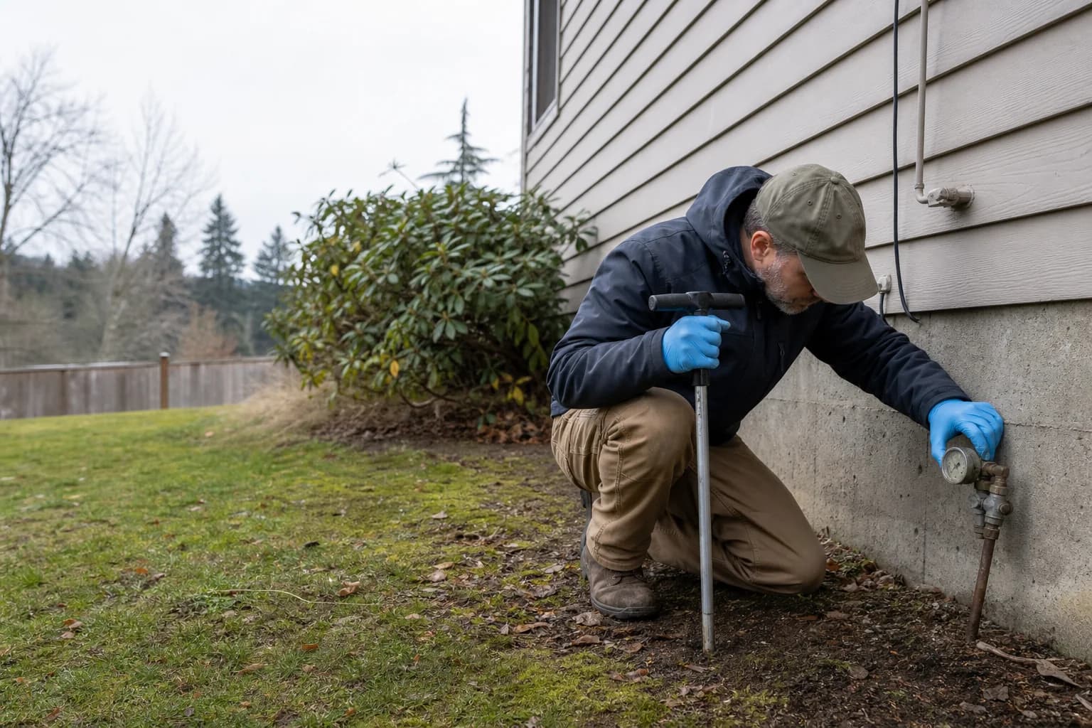 Technician checking a buried heating oil tank for signs of a leak