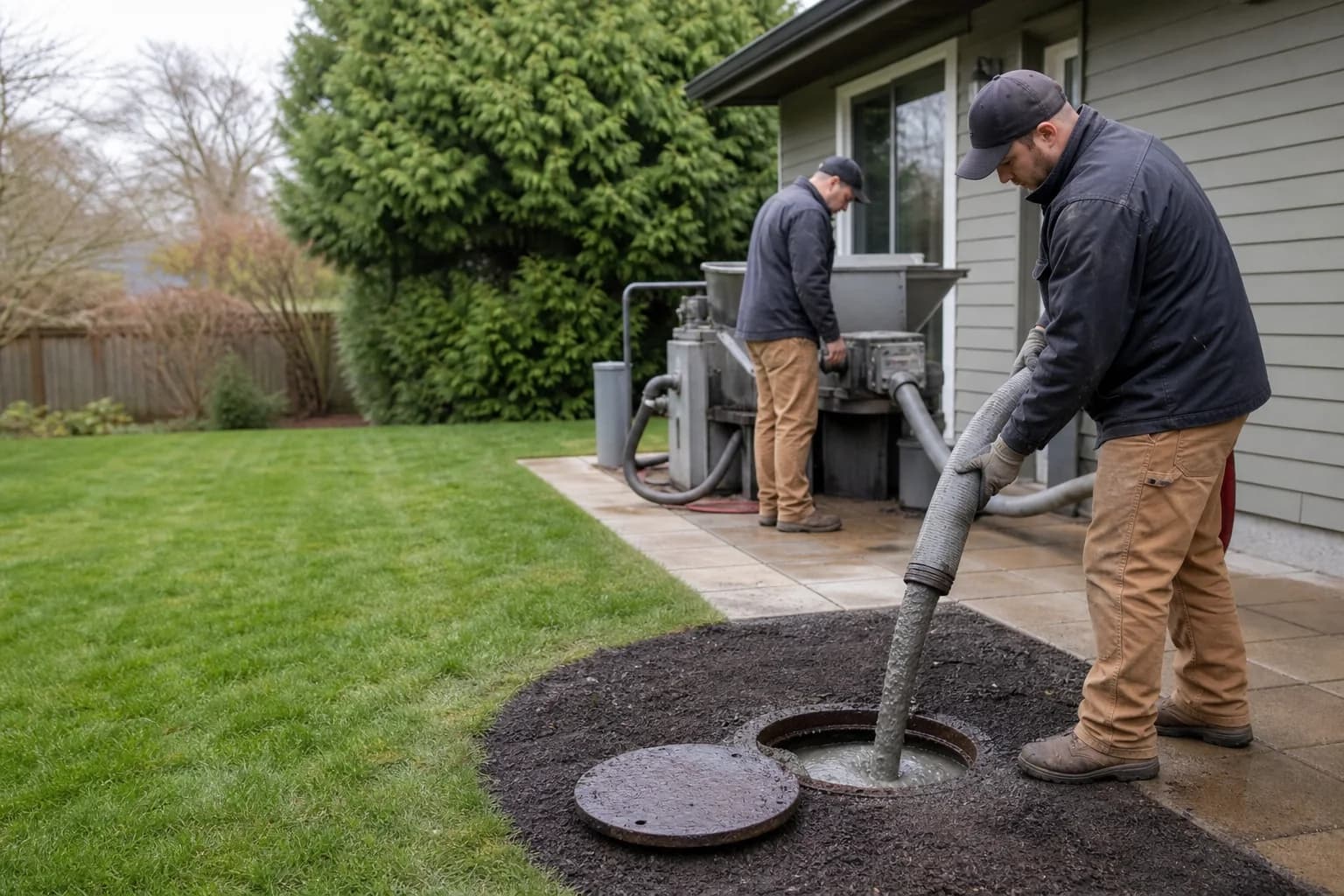 Licensed crew decommissioning an oil tank in place beside a Salem patio