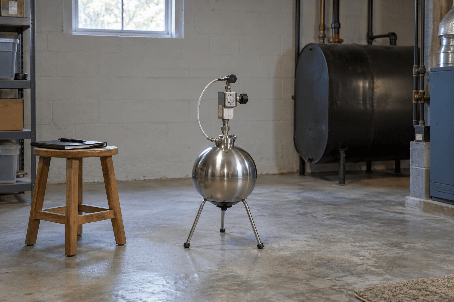 Stainless steel air-sampling canister in a basement with a heating oil tank in the background.