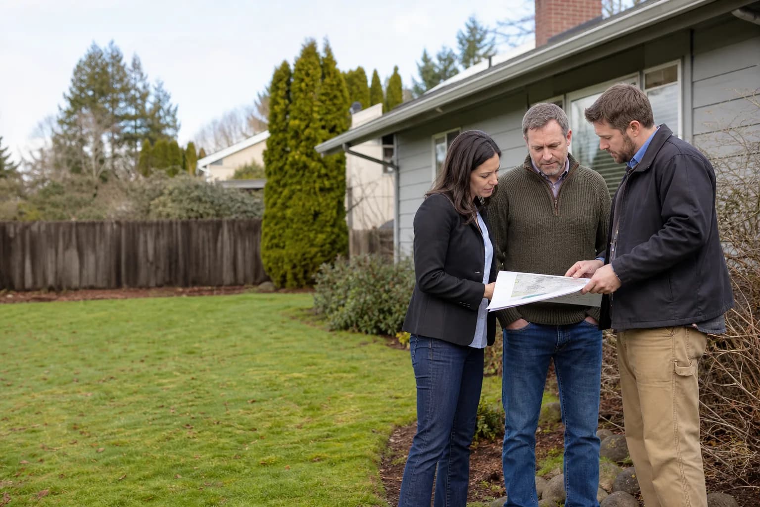 Homeowner, realtor and environmental contractor discussing an oil tank cleanup plan