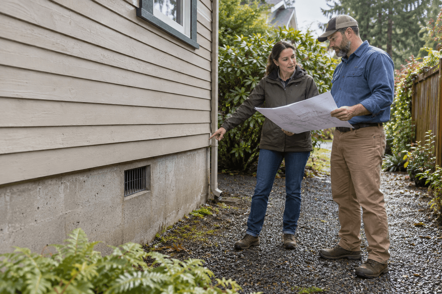 Two people reviewing a site plan beside a house foundation and crawlspace vent.