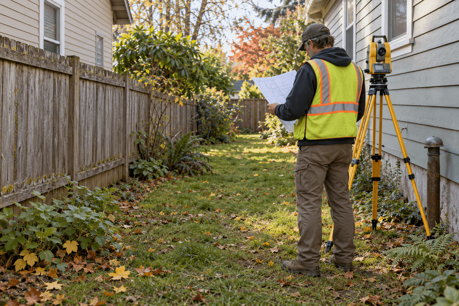 Surveyor reviewing a plan beside a tripod instrument and wooden fence between two houses.
