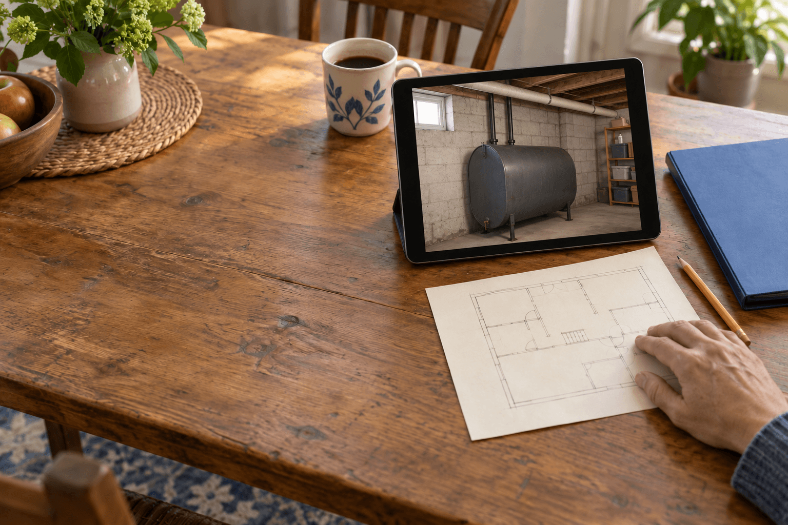 Floor plan beside a tablet showing a basement oil tank and overhead piping.