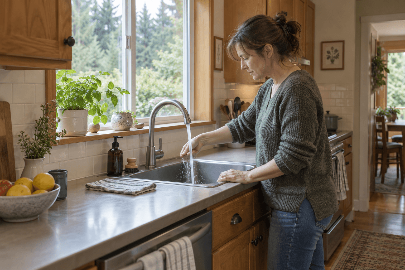 Woman holding her hand beneath running water at a sunlit kitchen sink.