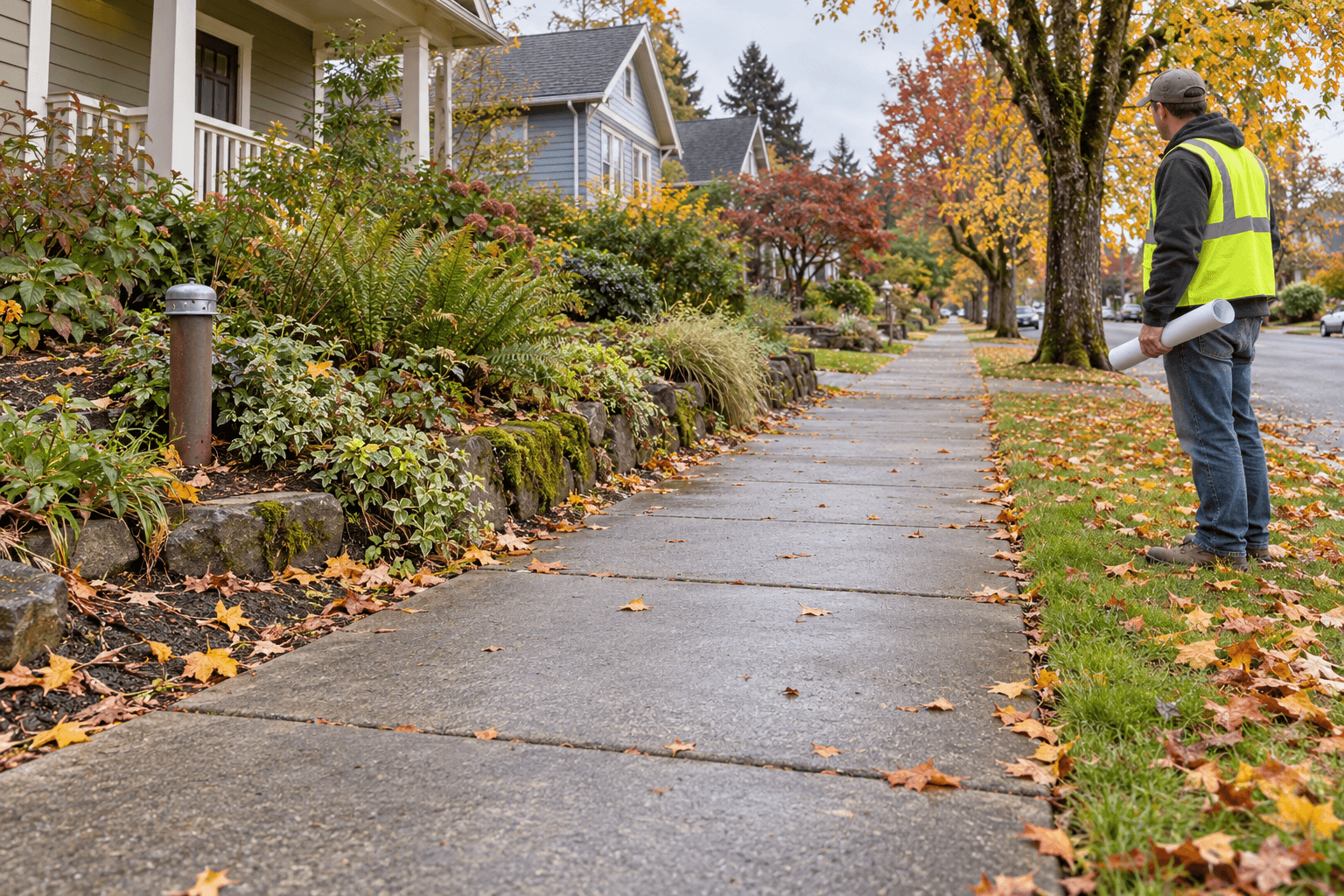 Field planner holding a rolled drawing beside an intact concrete sidewalk and residential garden.