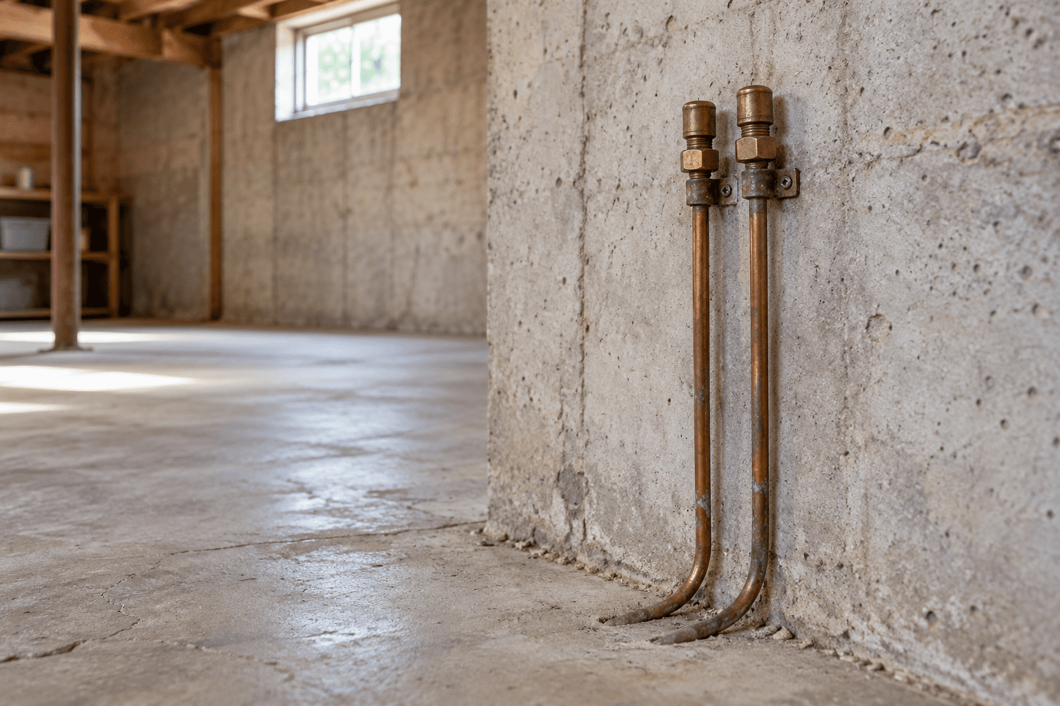 Two capped copper lines beside a concrete wall in an unfinished basement.