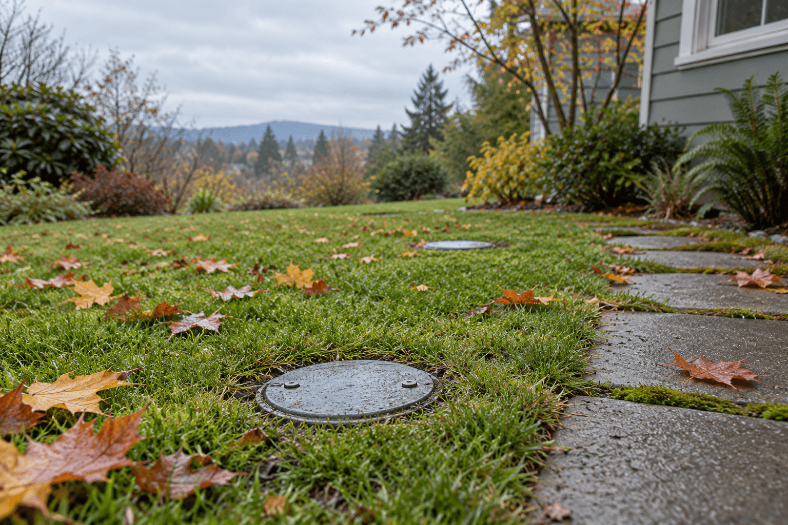 A small round bolted metal cover set flush in a damp lawn beside a stepping-stone path, with a second cover farther back and fallen maple leaves on the grass.