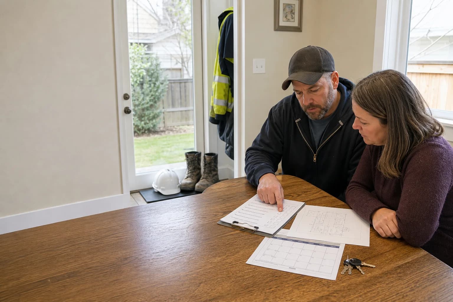 Homeowner reviewing a Salem oil tank decommissioning checklist with a contractor