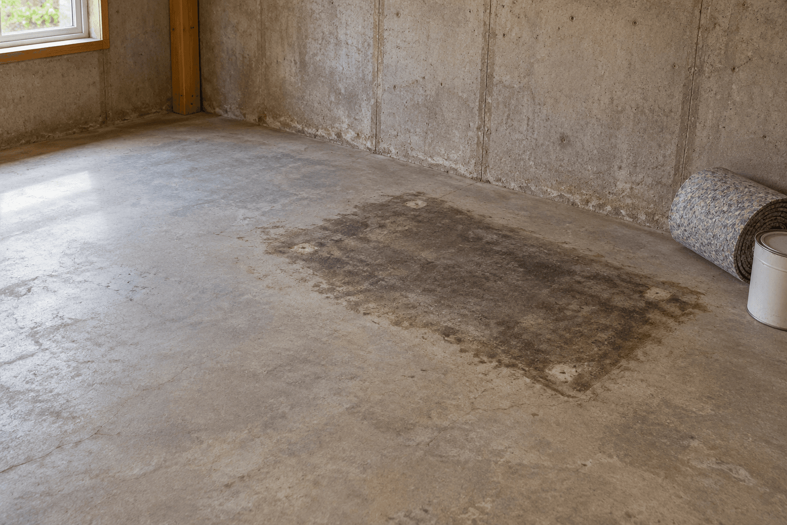 A bare basement concrete floor lit by a small window, with a faded dark rectangular stain and four pale leg marks where a tank once stood, beside a roll of flooring underlay and a closed unlabeled metal can against the wall.