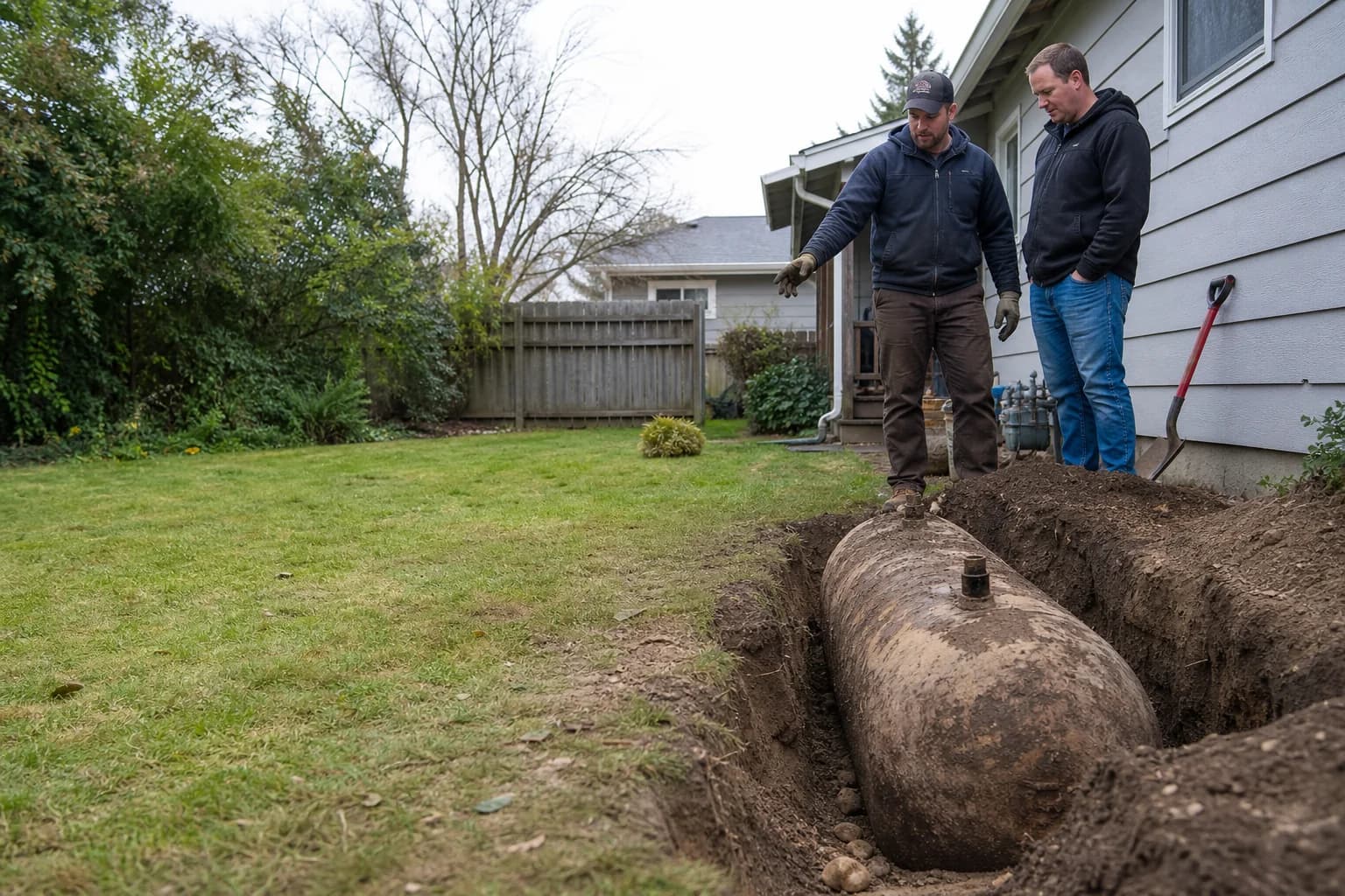 Contractor and homeowner deciding whether to remove or abandon a buried oil tank