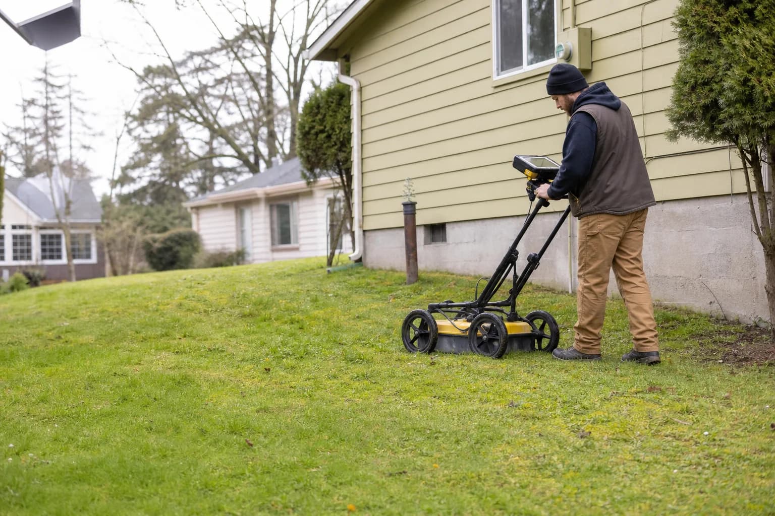 Technician scanning a Salem yard to locate a buried heating oil tank
