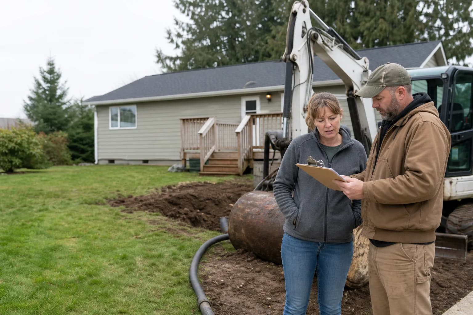Salem homeowner reviewing an oil tank removal estimate with a contractor