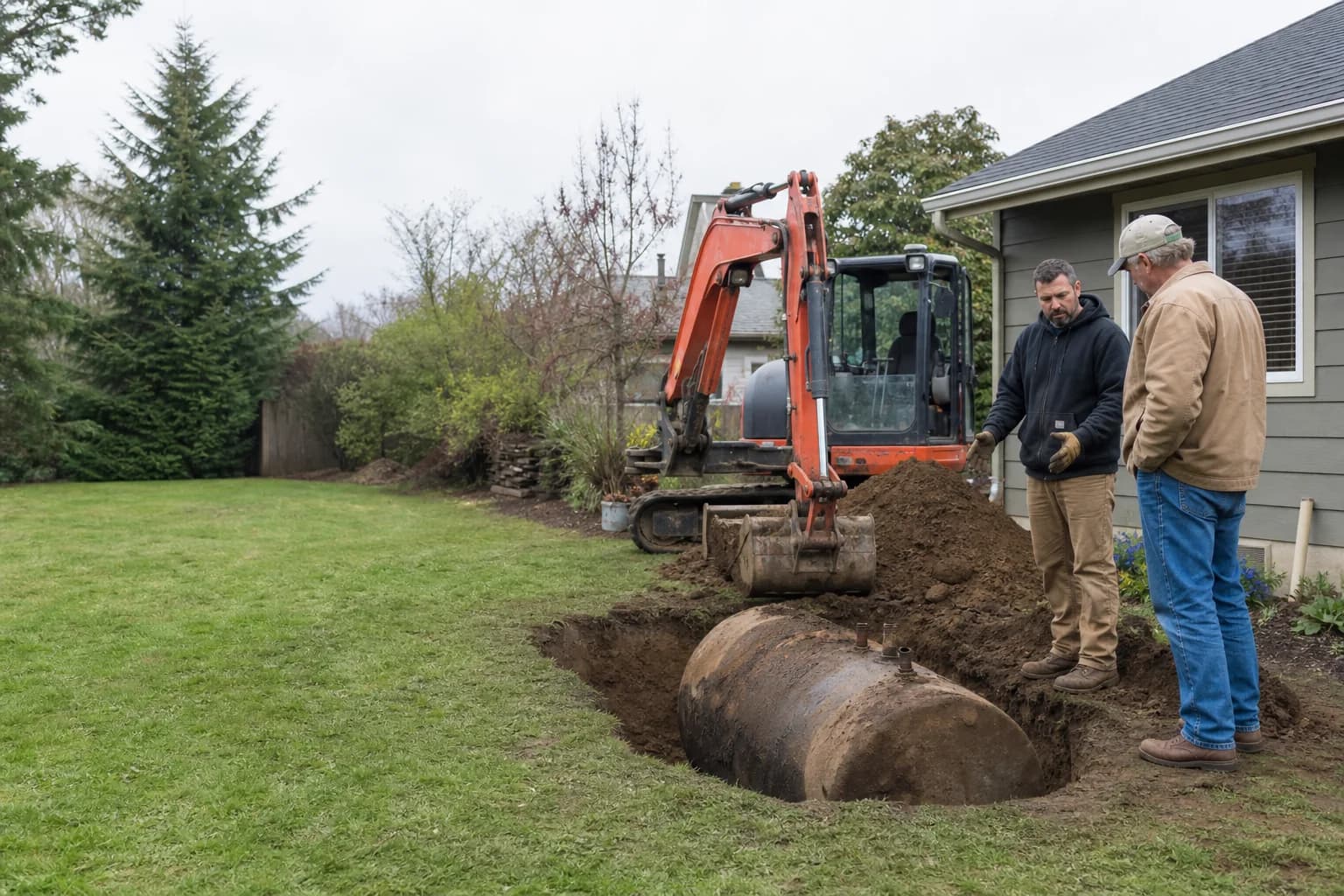 Salem homeowner discussing an exposed underground oil tank with a removal contractor