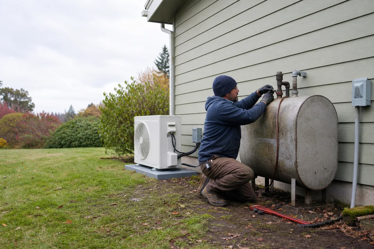 Technician disconnecting an aboveground oil tank beside a new heat pump