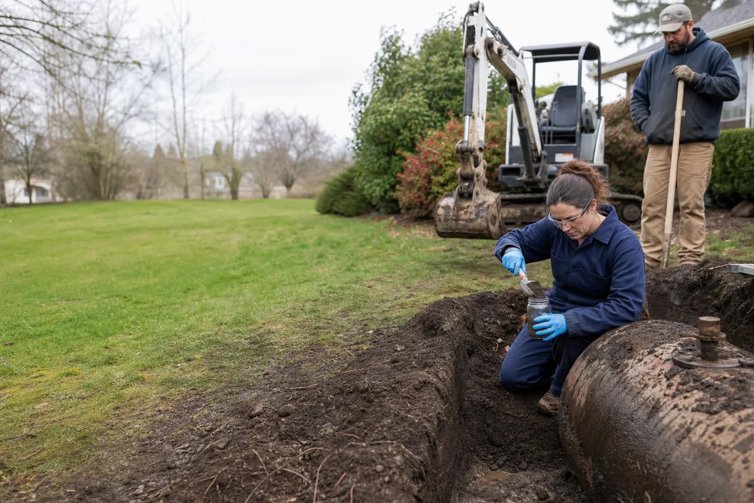 Environmental technician collecting a soil sample beside a Salem heating oil tank