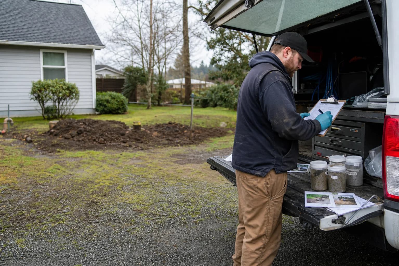 Licensed technician preparing soil samples and DEQ oil tank documentation in Salem