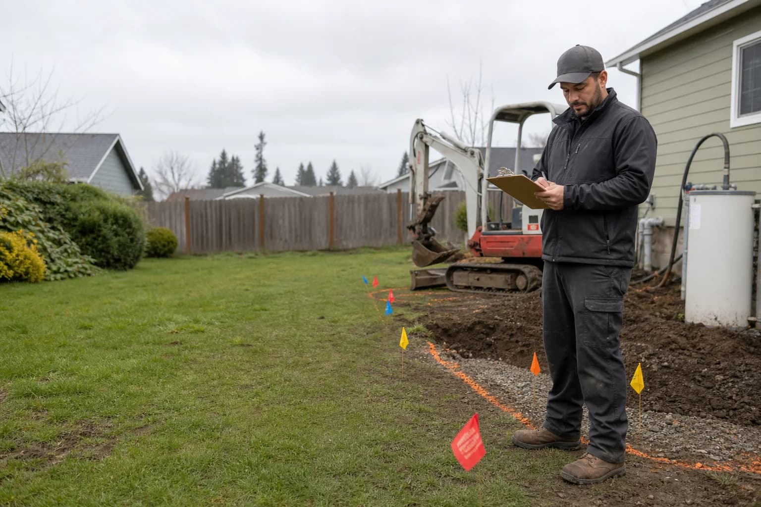 Salem oil tank contractor checking permit paperwork beside utility locate flags