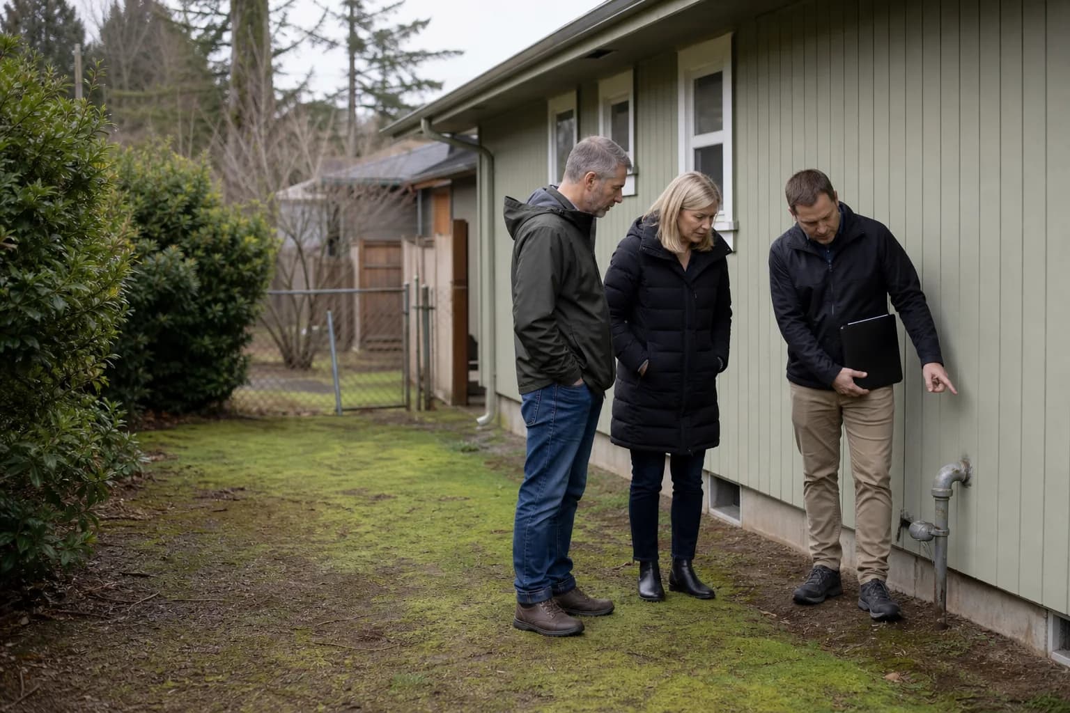 Home inspector showing buyers an old heating oil fill pipe at a Salem house