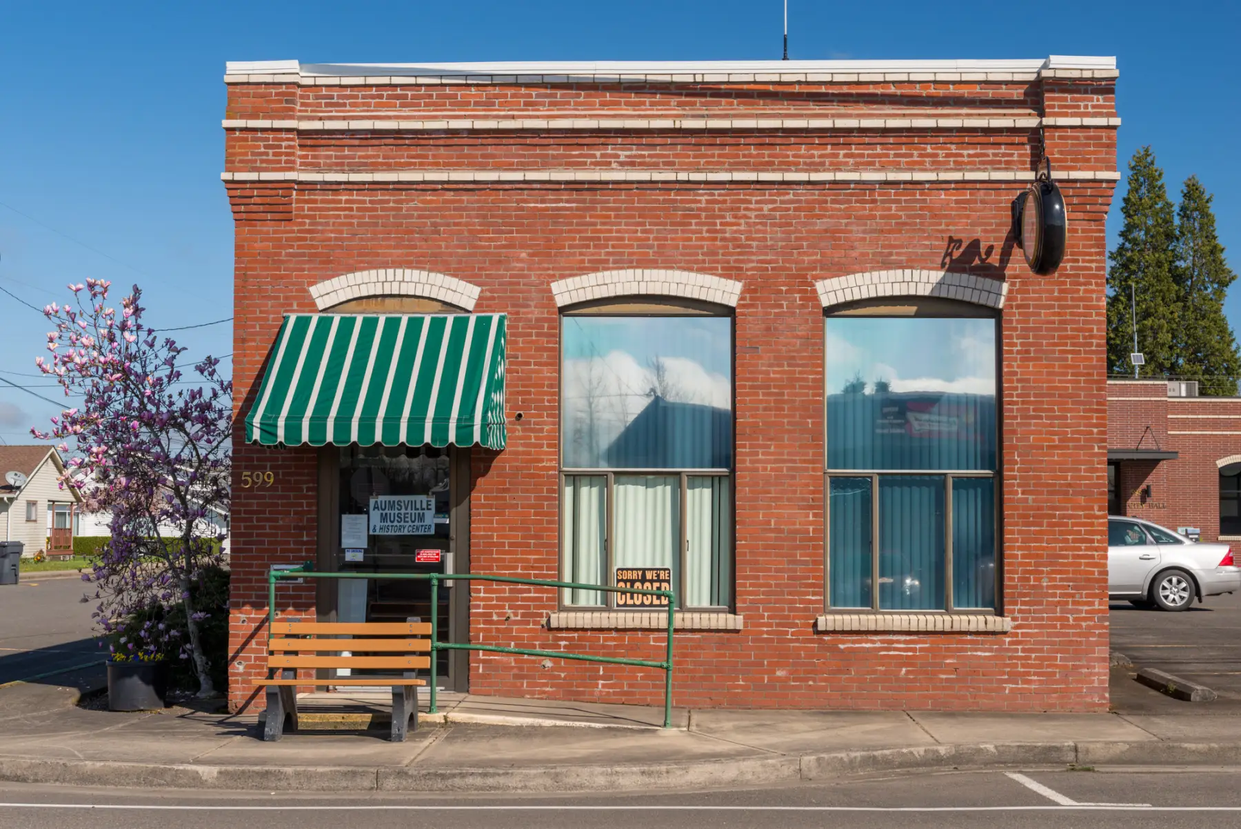 The brick building housing the Aumsville Museum in Aumsville, Oregon