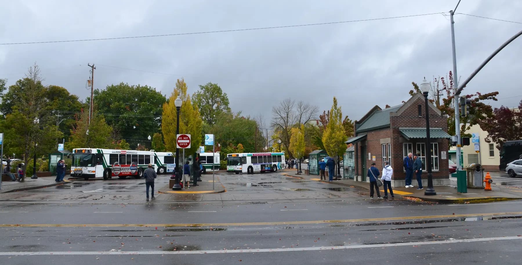 Autumn trees and buses at the downtown transit center in Corvallis, Oregon