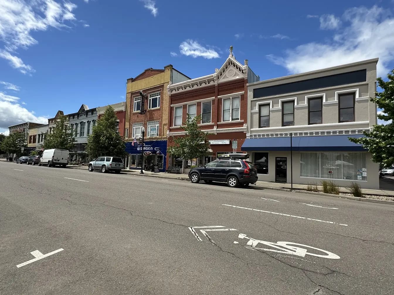 Brick storefronts of the Dallas Downtown Historic District in Dallas, Oregon