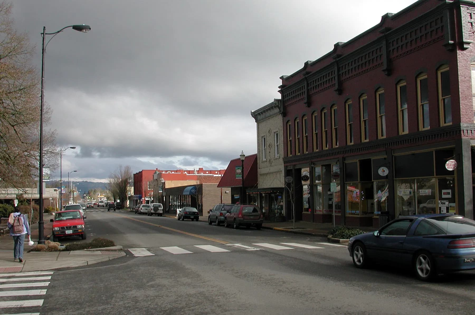 Brick commercial buildings along Main Street in downtown Monmouth, Oregon