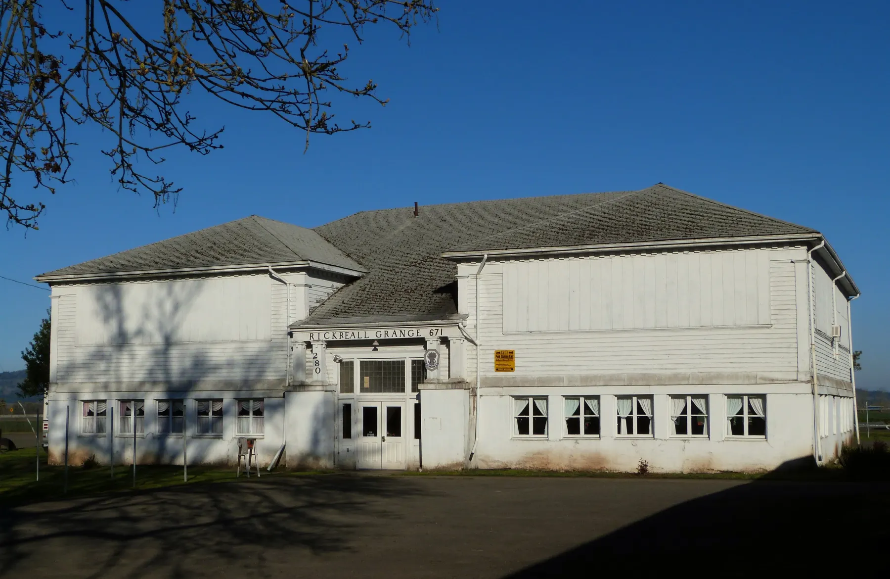 The white clapboard Rickreall Grange hall in Rickreall, Oregon